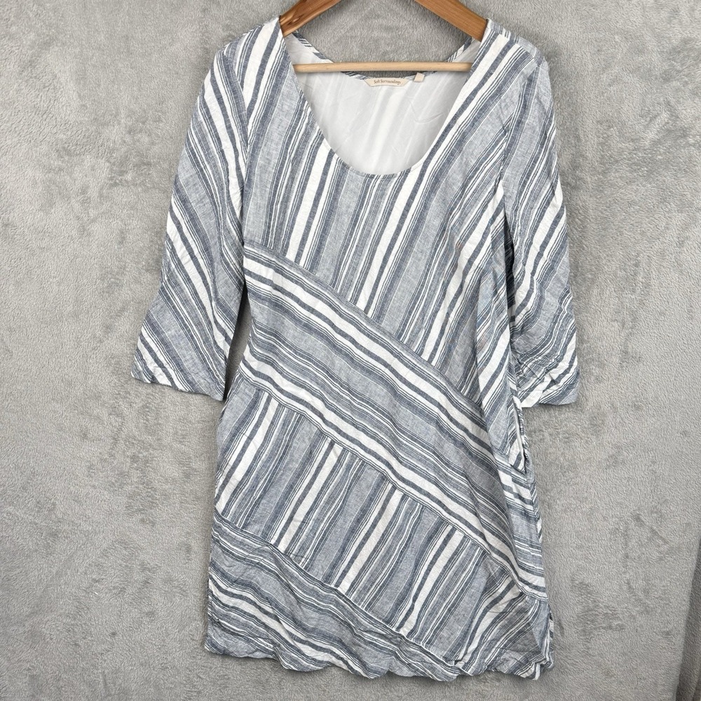 Soft Surroundings Sonya Dress Size XL Linen Blend Blue Mixed Stripe Pockets